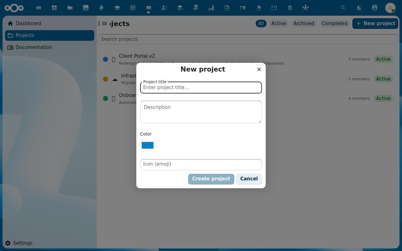 Project list with Create project button